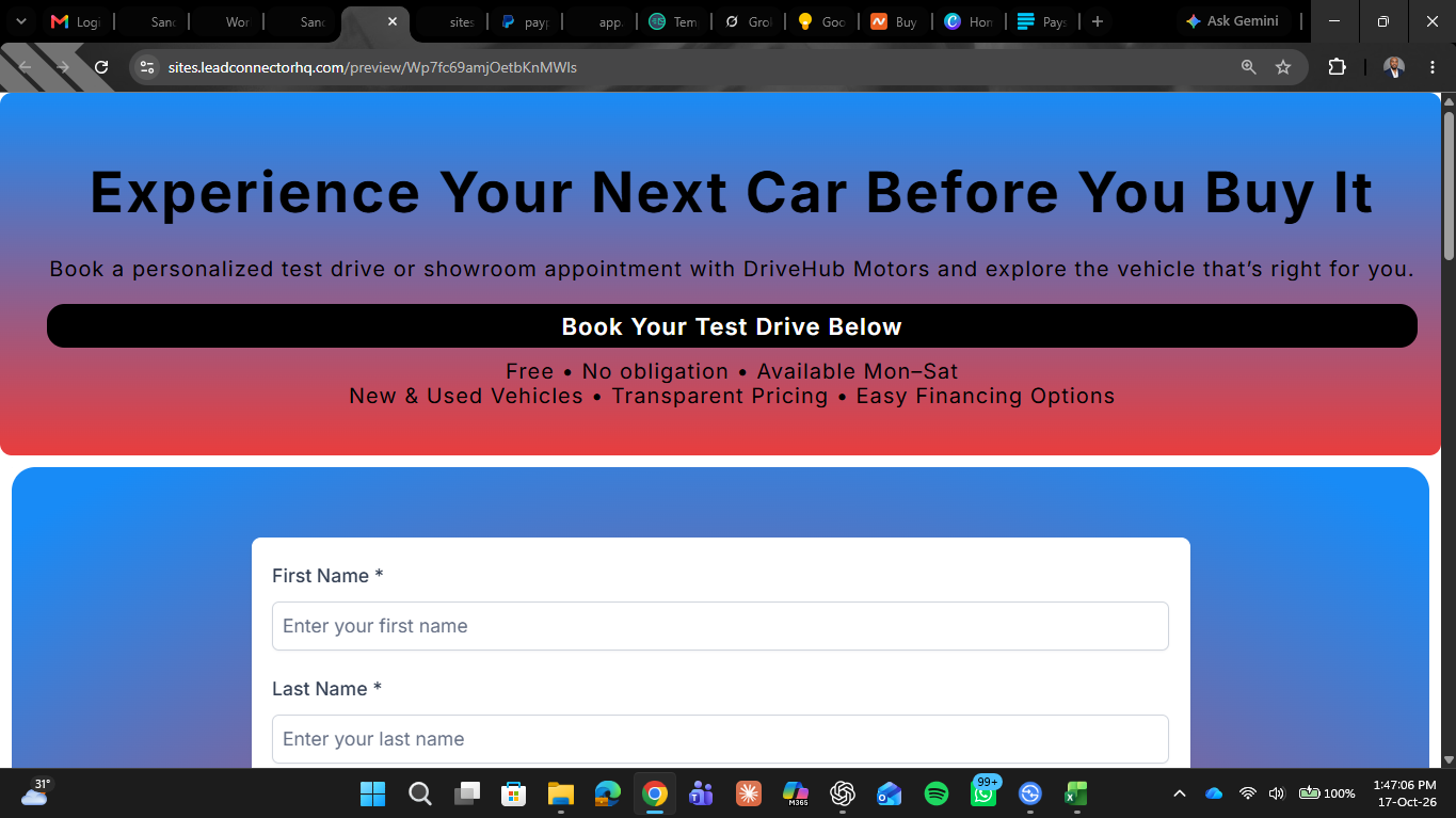 Automotive Dealership Appointment System — landing page and form 1
