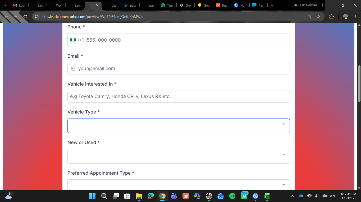 Automotive Dealership Appointment System — landing page and form 2
