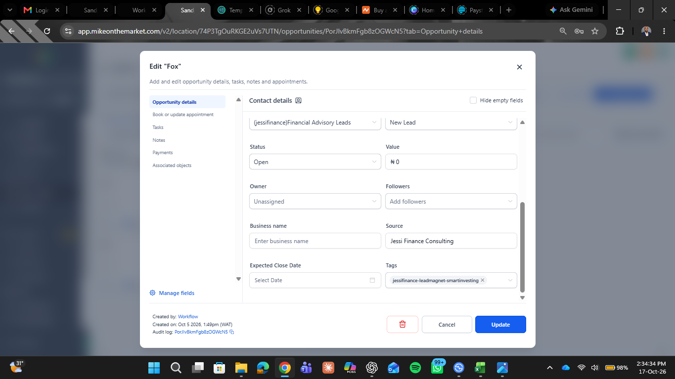 CRM Sales Pipeline System — Opportunity details 2