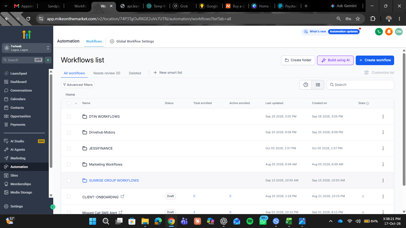 Appointment Booking and Follow-Up System — workflows list